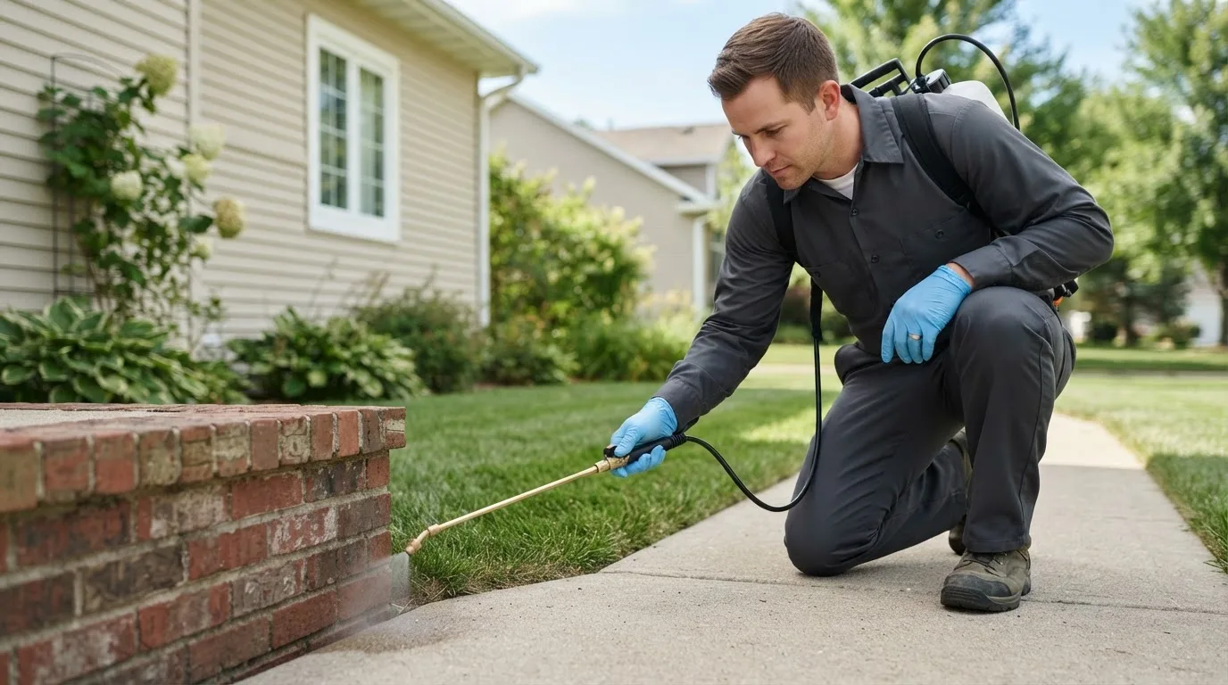 Pest control technician treating a home near East Orland, ME