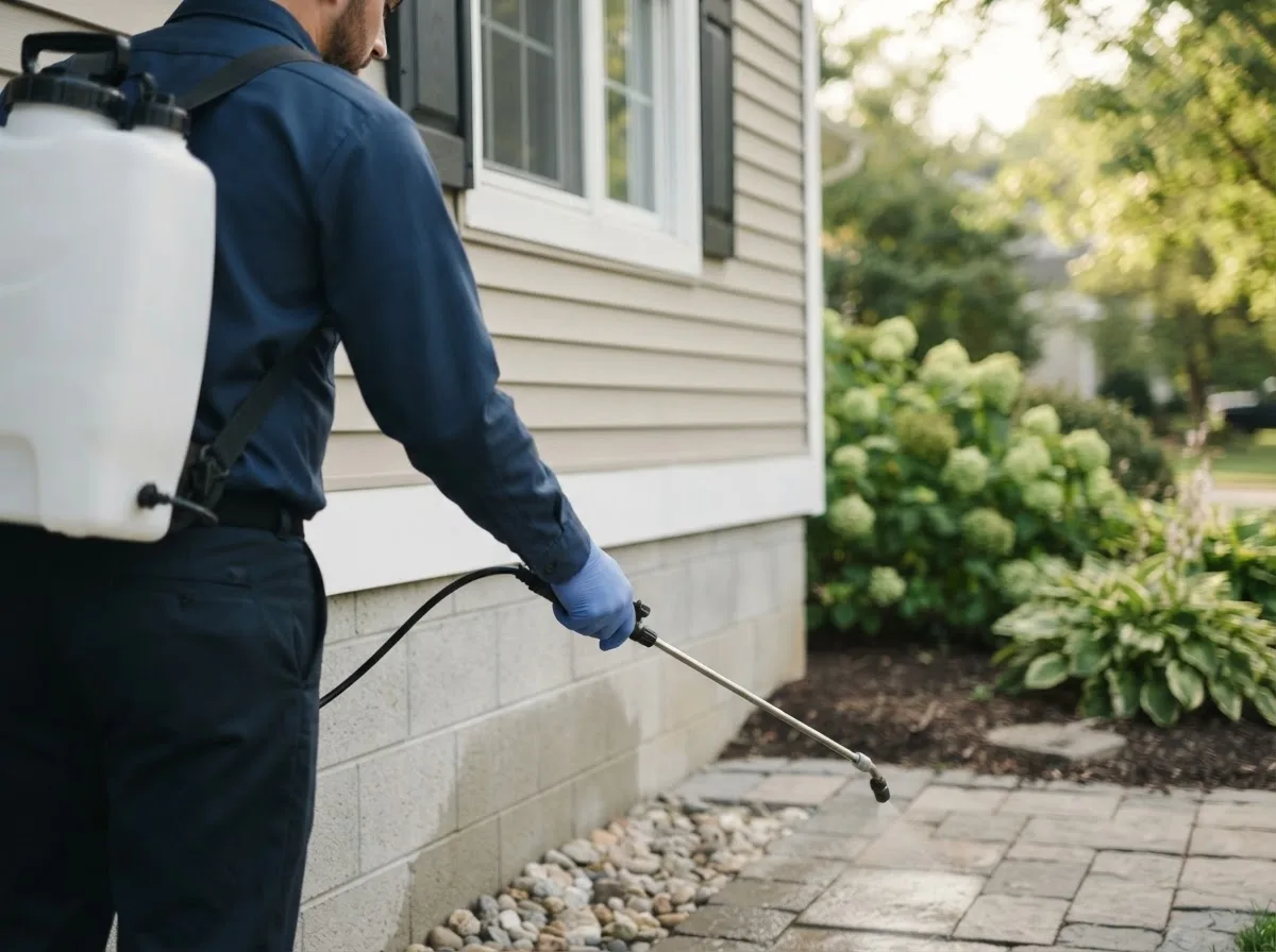 Pest control technician inspecting a home in East Orland, ME